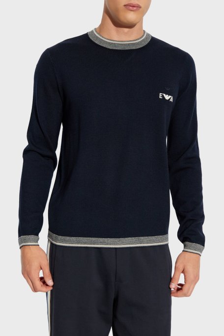 Emporio Armani % 100 Yün Regular Fit Bisiklet Yaka Logolu Erkek Kazak EM003387 AF14697 UB118 LACİVERT - Emporio Armani