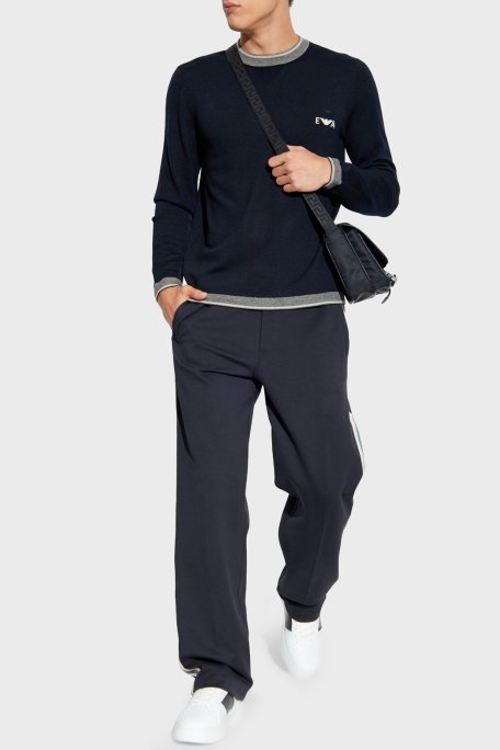 Emporio Armani % 100 Yün Regular Fit Bisiklet Yaka Logolu Erkek Kazak EM003387 AF14697 UB118 LACİVERT - Emporio Armani (1)