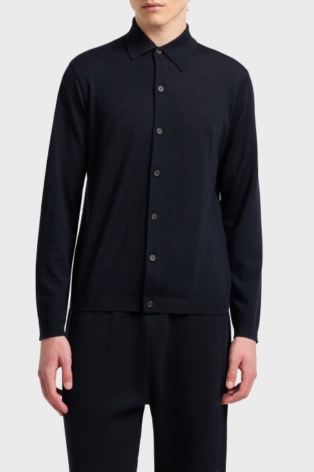 Emporio Armani % 100 Yün Regular Fit Gömlek Yaka Erkek Hırka EM001959 AF14114 UB118 LACİVERT - Emporio Armani