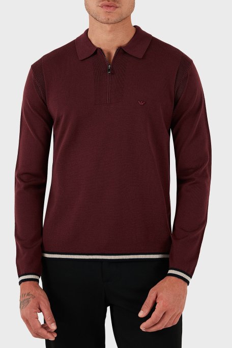 Emporio Armani % 100 Yün Regular Fit Yarım Fermuarlı Polo Yaka Erkek Kazak EM001512 AF14158 U5086 BORDO - Emporio Armani