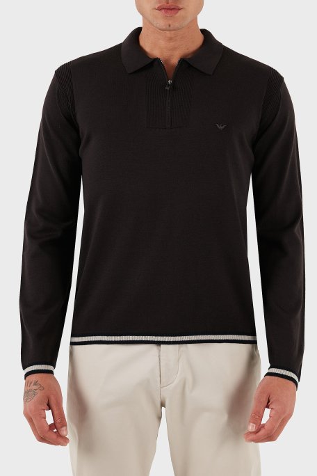 Emporio Armani % 100 Yün Regular Fit Yarım Fermuarlı Polo Yaka Erkek Kazak EM001512 AF14158 U6280 KOYU KAHVE - Emporio Armani