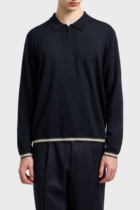 Emporio Armani % 100 Yün Regular Fit Yarım Fermuarlı Polo Yaka Erkek Kazak EM001512 AF14158 UB118 LACİVERT - Emporio Armani
