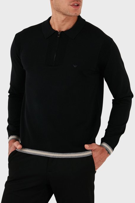 Emporio Armani % 100 Yün Regular Fit Yarım Fermuarlı Polo Yaka Erkek Kazak EM001512 AF14158 UC001 SİYAH - Emporio Armani