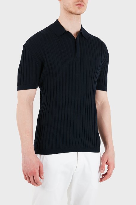 Emporio Armani % 100 Yün Slim Fit Kısa Kollu Düğmeli Erkek Polo Yaka Kazak EM004389 AF23418 UB118 LACİVERT - Emporio Armani