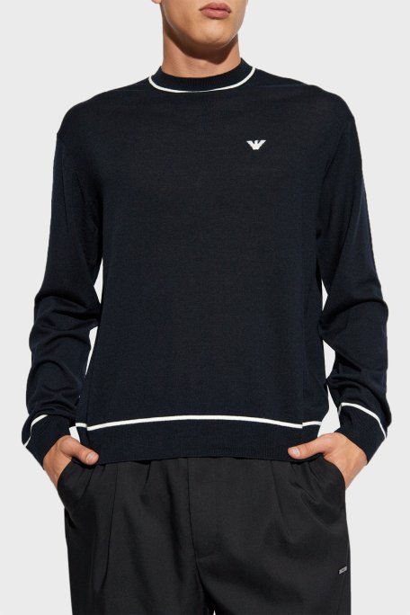 Emporio Armani % 100 Yünlü Bisiklet Yaka Erkek Kazak 6D1MXH 1MJLZ F930 KOYU LACİVERT - Emporio Armani