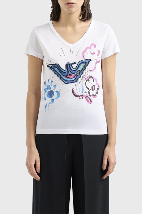 Emporio Armani Baskılı Pamuklu Regular Fit V Yaka Bayan T Shirt 3D2T8F 2JTAZ 0100 BEYAZ - Emporio Armani