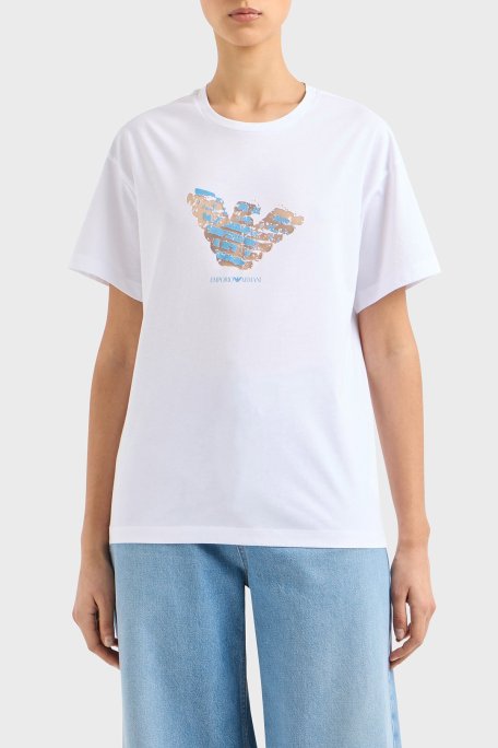 Emporio Armani Baskılı Regular Fit Pamuklu Bisiklet Yaka Bayan T Shirt EW000904 AF12601 F0024 BEYAZ - Emporio Armani