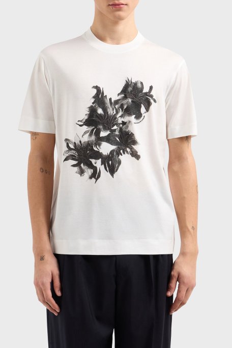 Emporio Armani Çiçek Baskılı Pamuklu Regular Fit Bisiklet Yaka Erkek T Shirt EM001024 AF10017 U0003 BEYAZ - Emporio Armani
