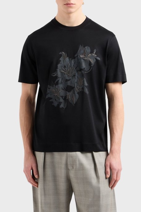 Emporio Armani Çiçek Baskılı Pamuklu Regular Fit Bisiklet Yaka Erkek T Shirt EM001024 AF10017 UC001 SİYAH - Emporio Armani
