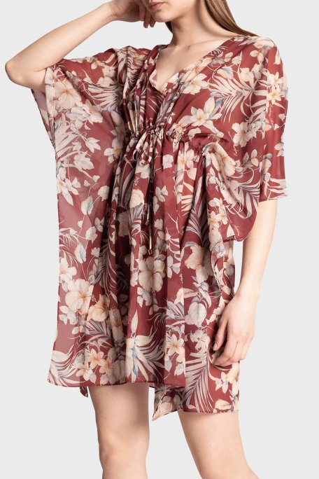 Emporio Armani Çiçek Desenli V Yaka Mini Bayan Elbise S 262663 1P316 03956 BORDO - Emporio Armani