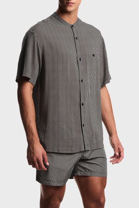 Emporio Armani Çizgili Regular Fit Kısa Kollu Erkek Gömlek EM005144 AF20445 F1039 SİYAH-BEJ - Emporio Armani