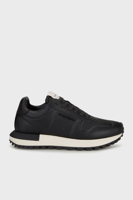 Emporio Armani Deri Kalın Tabanlı Sneaker Erkek Ayakkabı EM003740 AF19726 MC005 SİYAH - Emporio Armani