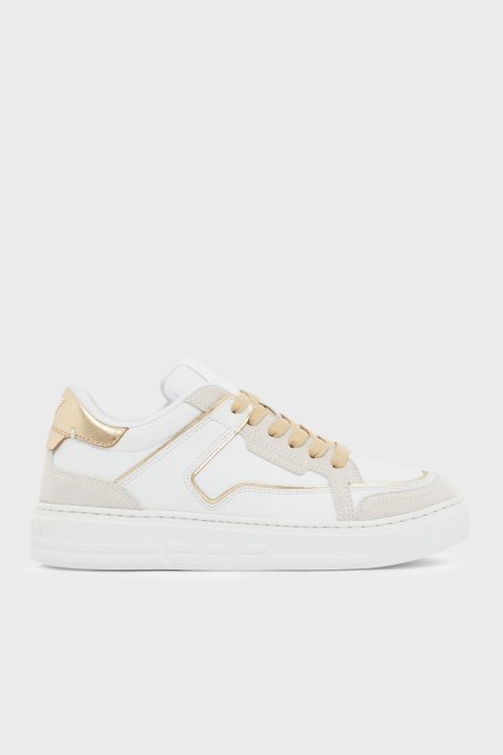 Emporio Armani Deri Logolu Sneaker Bayan Ayakkabı EW003081 AF25727 MZ773 BEYAZ-GOLD - Emporio Armani