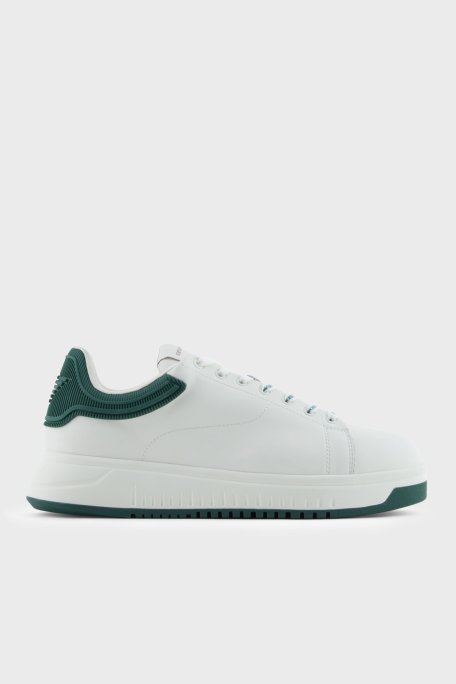 Emporio Armani Deri Logolu Sneaker Erkek Ayakkabı EM003663 AF18212 M0095 BEYAZ-HAKİ - Emporio Armani