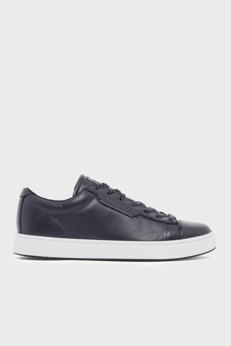 Emporio Armani Deri Logolu Sneaker Erkek Ayakkabı EM005292 AF24320 U8139 LACİVERT - Emporio Armani