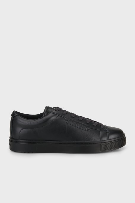 Emporio Armani Deri Logolu Sneaker Erkek Ayakkabı EM005292 AF24320 UC001 SİYAH - Emporio Armani