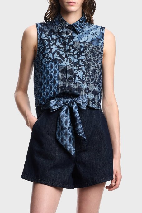 Emporio Armani Desenli % 100 Pamuk Regular Fit Kot Bayan Gömlek EW000755 AF12438 FB057 LACİVERT - Emporio Armani