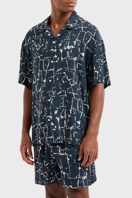 Emporio Armani Desenli Comfort Fit Apaş Yaka Kısa Kollu Erkek Gömlek EM000593 AF12351F B070 LACİVERT-BEYAZ - Emporio Armani