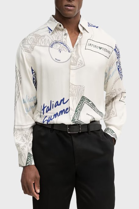 Emporio Armani Desenli Relaxed Fit Klasik Yaka Uzun Kollu Erkek Gömlek EM005762 AF13285 FZ033 BEJ - Emporio Armani