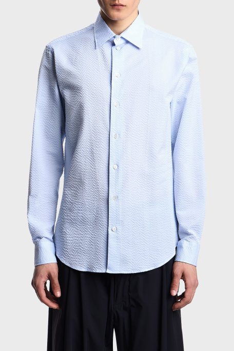 Emporio Armani Dokuma % 100 Pamuk Regualr Fit Kent Yaka Erkek Gömlek EM000099 TE14192 U9333 MAVİ - Emporio Armani