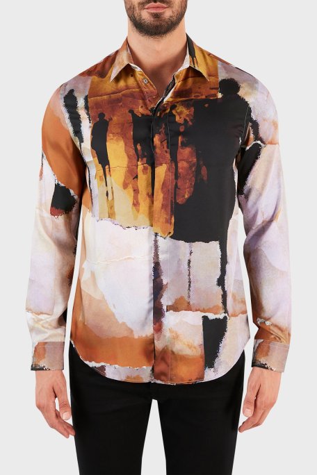 Emporio Armani Baskılı Düz Yaka % 100 Pamuk Erkek Gömlek B1SM0B B136C 036 KAHVE-TABA - Emporio Armani