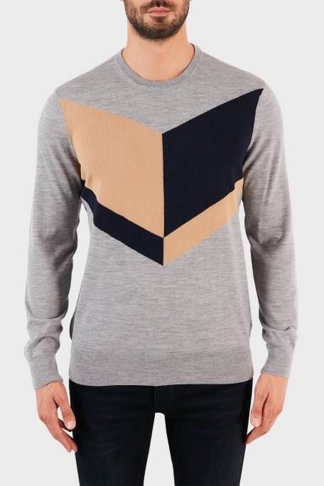 Emporio Armani Bisiklet Yaka % 100 Yün Erkek Kazak 6K1MV9 1M11Z 0627 GRİ-LACİVERT - Emporio Armani