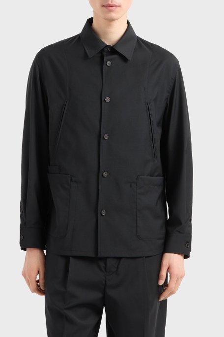 Emporio Armani Hafif Yünlü Regular Fit Uzun Kollu Erkek Gömlek Ceket EM001480 AF13821 UC001 SİYAH - Emporio Armani
