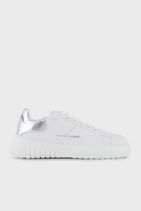 Emporio Armani Hakiki Deri Sneaker Bayan Ayakkabı X3X187 XN850 M696 BEYAZ-GÜMÜŞ - Emporio Armani