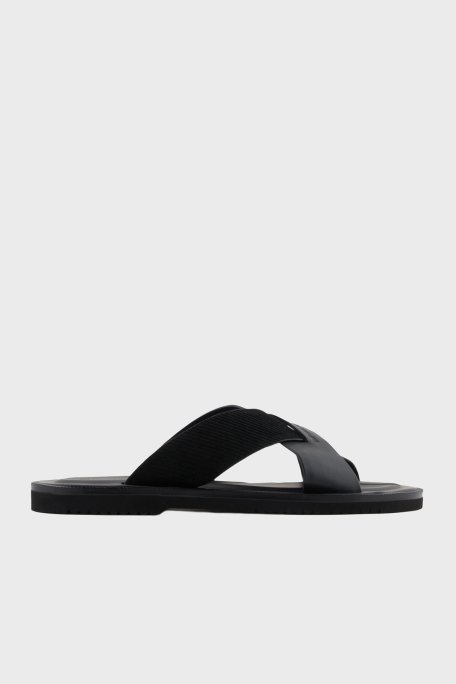 Emporio Armani Hakiki Deri ve Süet Detaylı Çapraz Çift Bantlı Erkek Terlik X4P124 XR340 K001 SİYAH - Emporio Armani