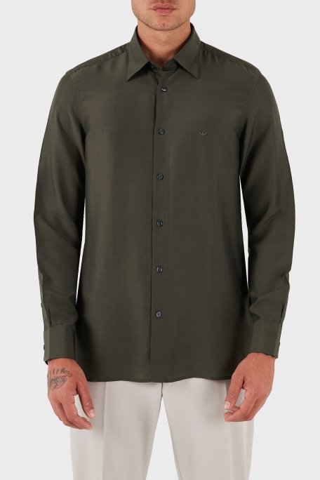 Emporio Armani İpek Karışımlı Regular Fit Klasik Yaka Erkek Gömlek EM001537 AF17293 U8120 HAKİ - Emporio Armani