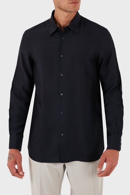 Emporio Armani İpek Karışımlı Regular Fit Klasik Yaka Erkek Gömlek EM001537 AF17293 UB118 LACİVERT - Emporio Armani