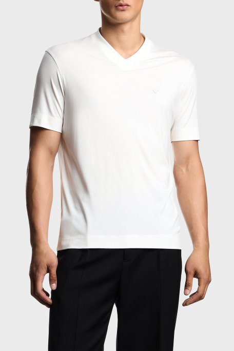 Emporio Armani İpek Karışımlı Regular Fit V Yaka Jarse Erkek T Shirt EM003465 AF13721 U0003 EKRU - Emporio Armani