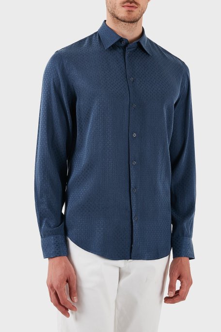 Emporio Armani İpek ve Pamuk Karışımlı Regular Fit Kendinden Desenli Erkek Gömlek EM000081 AF15434 UB068 LACİVERT - Emporio Armani