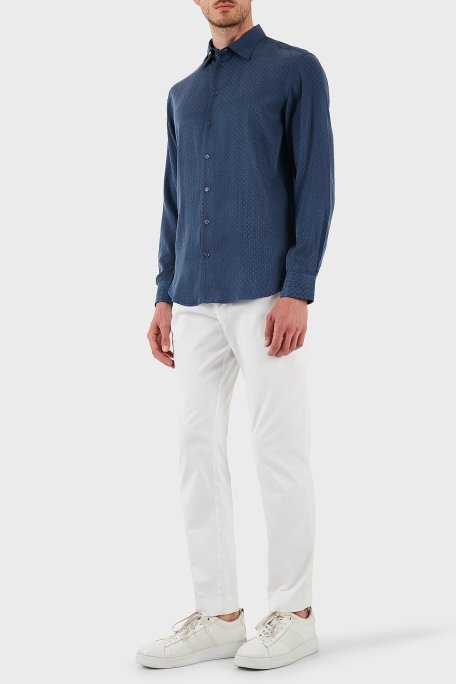 Emporio Armani İpek ve Pamuk Karışımlı Regular Fit Kendinden Desenli Erkek Gömlek EM000081 AF15434 UB068 LACİVERT - Emporio Armani (1)