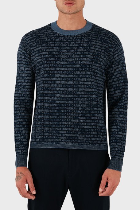 Emporio Armani Jakarlı Logo Baskılı % 100 Yün Bisiklet Yaka Erkek Kazak EM002630 AF14199 FB077 LACİVERT - Emporio Armani