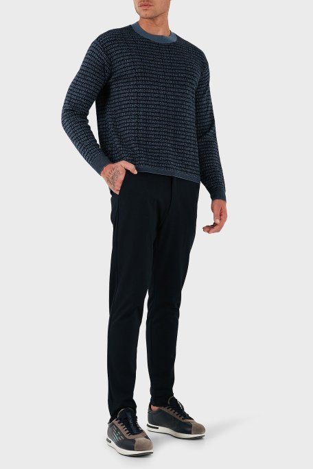 Emporio Armani Jakarlı Logo Baskılı % 100 Yün Bisiklet Yaka Erkek Kazak EM002630 AF14199 FB077 LACİVERT - Emporio Armani (1)