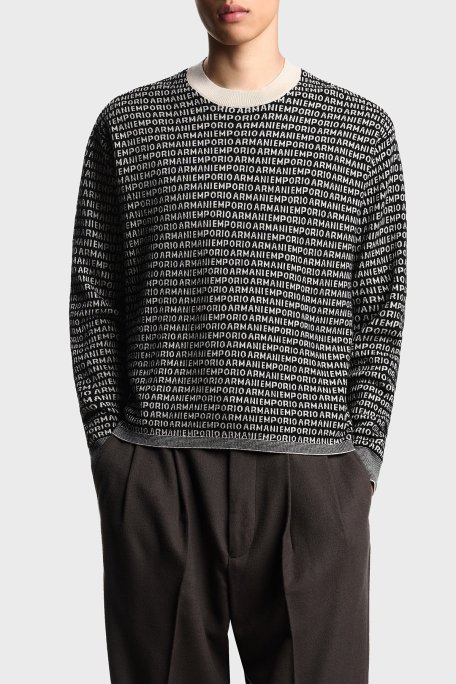 Emporio Armani Jakarlı Logo Baskılı % 100 Yün Bisiklet Yaka Erkek Kazak EM002630 AF14199 FC104 SİYAH - Emporio Armani