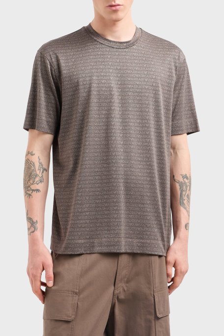 Emporio Armani Jakarlı Logo Baskılı Regular Fit Bisiklet Yaka Erkek T Shirt EM000787 AF12916 F6052 KAHVE - Emporio Armani