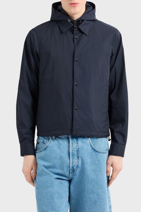 Emporio Armani Jakarlı Logo Baskılı Regular Fit Çıkarılabilir Kapüşonlu Erkek Mont EM001003 AF15384 UB118 LACİVERT - Emporio Armani (1)