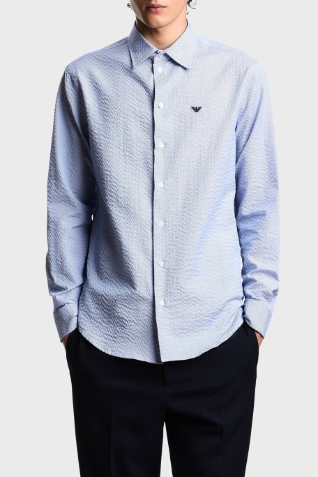 Emporio Armani Jakarlı Pamuklu Regular Fit Klasik Yaka Erkek Gömlek EM000099 TE16993 F9026 AÇIK MAVİ - Emporio Armani