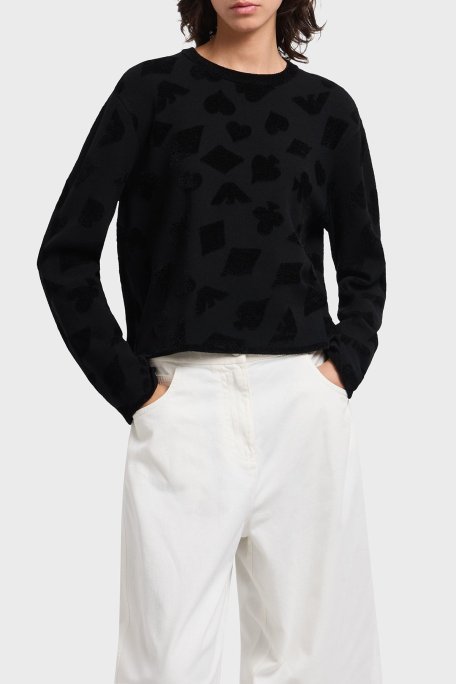 Emporio Armani Jakarlı Regular Fit Bisiklet Yaka Şönil Bayan Kazak EW002761 AF19924 FC008 SİYAH - Emporio Armani