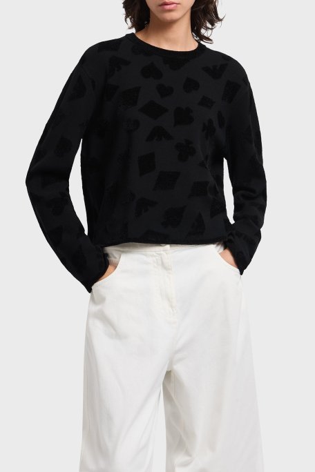 Emporio Armani Jakarlı Regular Fit Bisiklet Yaka Şönil Bayan Kazak EW002761 AF19924 FC008 SİYAH - Emporio Armani