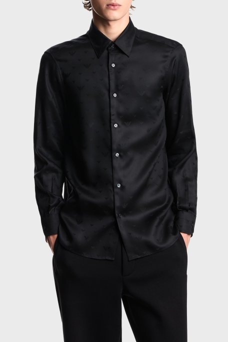 Emporio Armani Jakarlı Regular Fit Saten Görünümlü Klasik Yaka Erkek Gömlek EM001537 AF15074 FC218 SİYAH - Emporio Armani