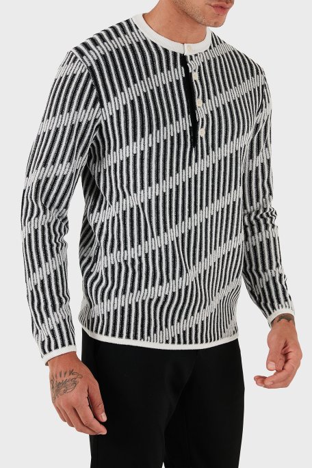 Emporio Armani Jakarlı Yün Karışımlı Regular Fit Sıfır Yaka Örme Erkek Kazak EM003517 AF19553 FC005 SİYAH-BEYAZ - Emporio Armani