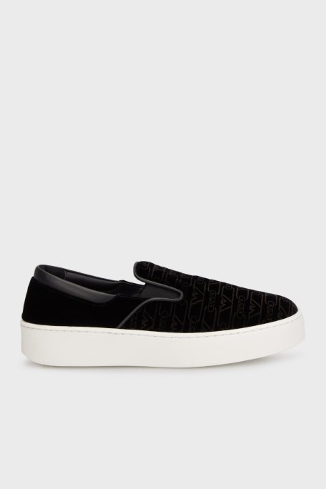 Emporio Armani Kadife Logolu Kalın Tabanlı Loafer Bayan Ayakkabı X3Y007 XR235 00002 SİYAH - Emporio Armani