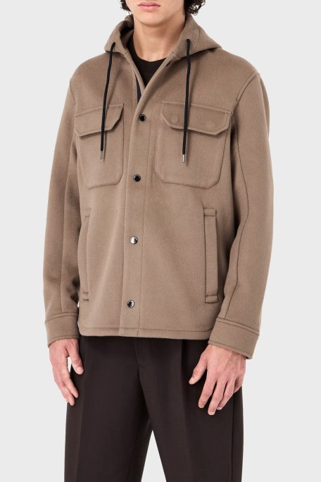 Emporio Armani Kapüşonlu Cepli Yumuşak Dokulu Yünlü Astarsız Erkek Ceket 6R1B94 1NMYZ 0144 BEJ - Emporio Armani