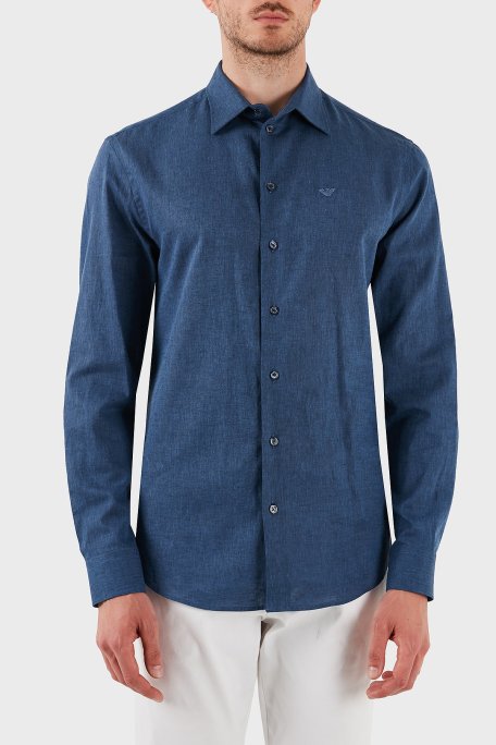 Emporio Armani Keten Karışımlı Regular Fit Klasik Yaka Erkek Gömlek EM000099 TE14112 OB006 LACİVERT - Emporio Armani