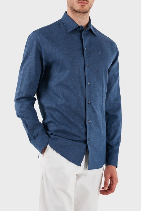 Emporio Armani Keten Karışımlı Regular Fit Klasik Yaka Erkek Gömlek EM000099 TE14112 OB006 LACİVERT - Emporio Armani (1)