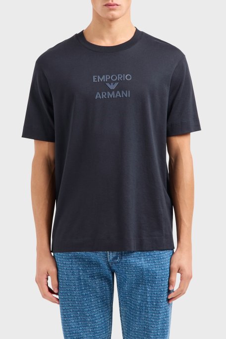 Emporio Armani Logo Baskılı Pamuklu Regular Fit Bisiklet Yaka Erkek T Shirt EM000780 AF12926 UB118 LACİVERT - Emporio Armani
