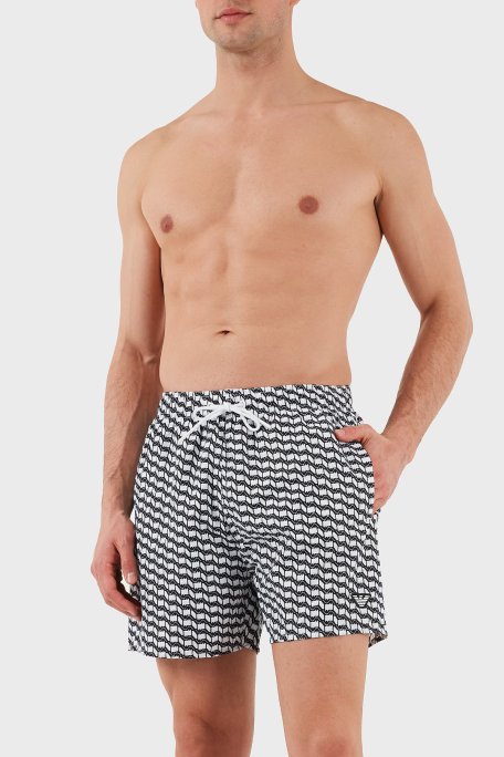 Emporio Armani Logo Desenli Slim Fit Düşük Bel Erkek Mayo Short EM000583 AF12342 F0054 BEYAZ-SİYAH - Emporio Armani